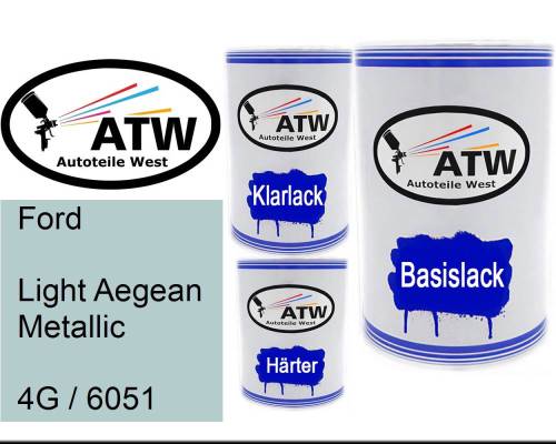 Ford, Light Aegean Metallic, 4G / 6051: 500ml Lackdose + 500ml Klarlack + 250ml Härter - Set, von ATW Autoteile West.